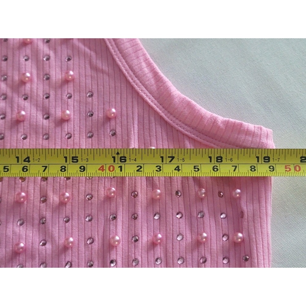 Plus Size 3X Pink Ribbed Tank Top Pearl Beaded Studded Y2K Coquette Stretch - Picture 6 of 10